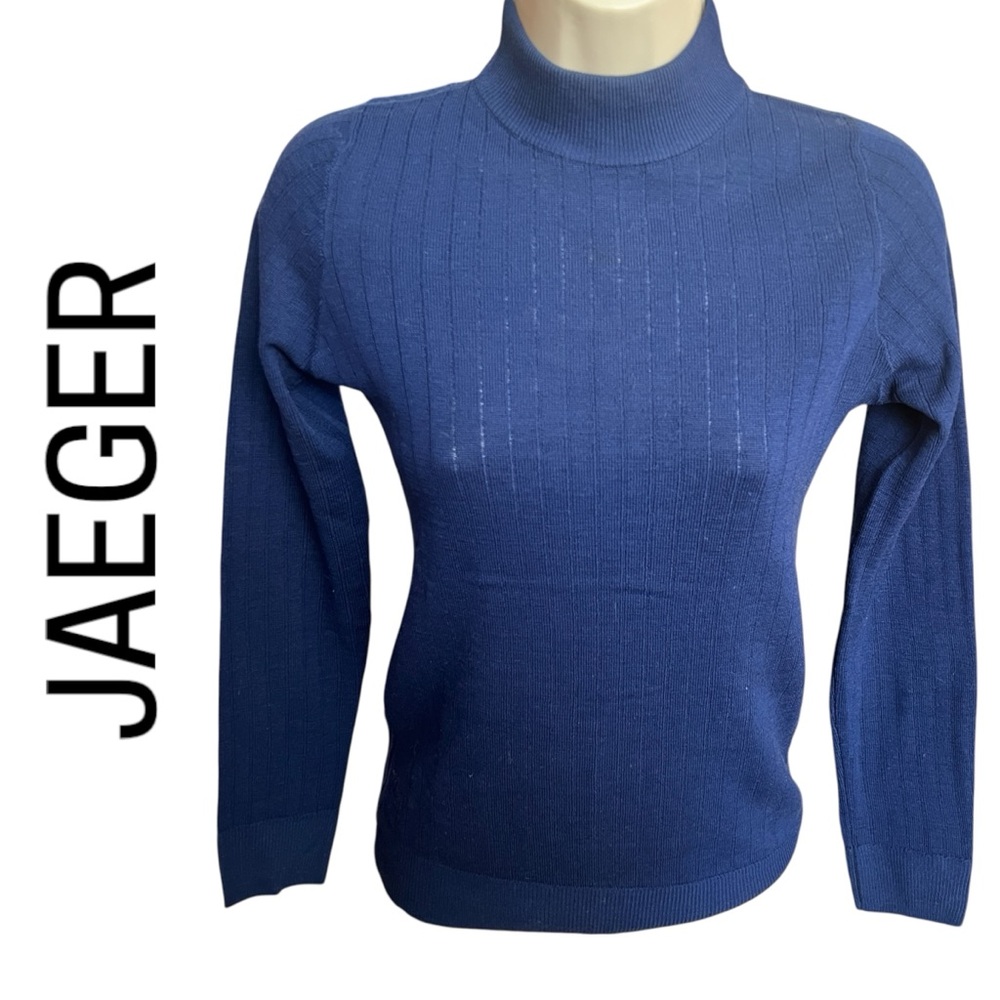 60s JAEGER NavyBlue lightweight wool fine knit sweater mock-turtle neck zipper